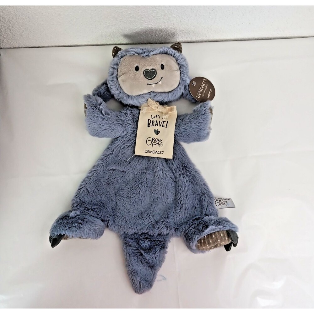 Demdaco Plush Blue Monster Growl Pal Blankie Rattle Security Blanket Lovey Flat
